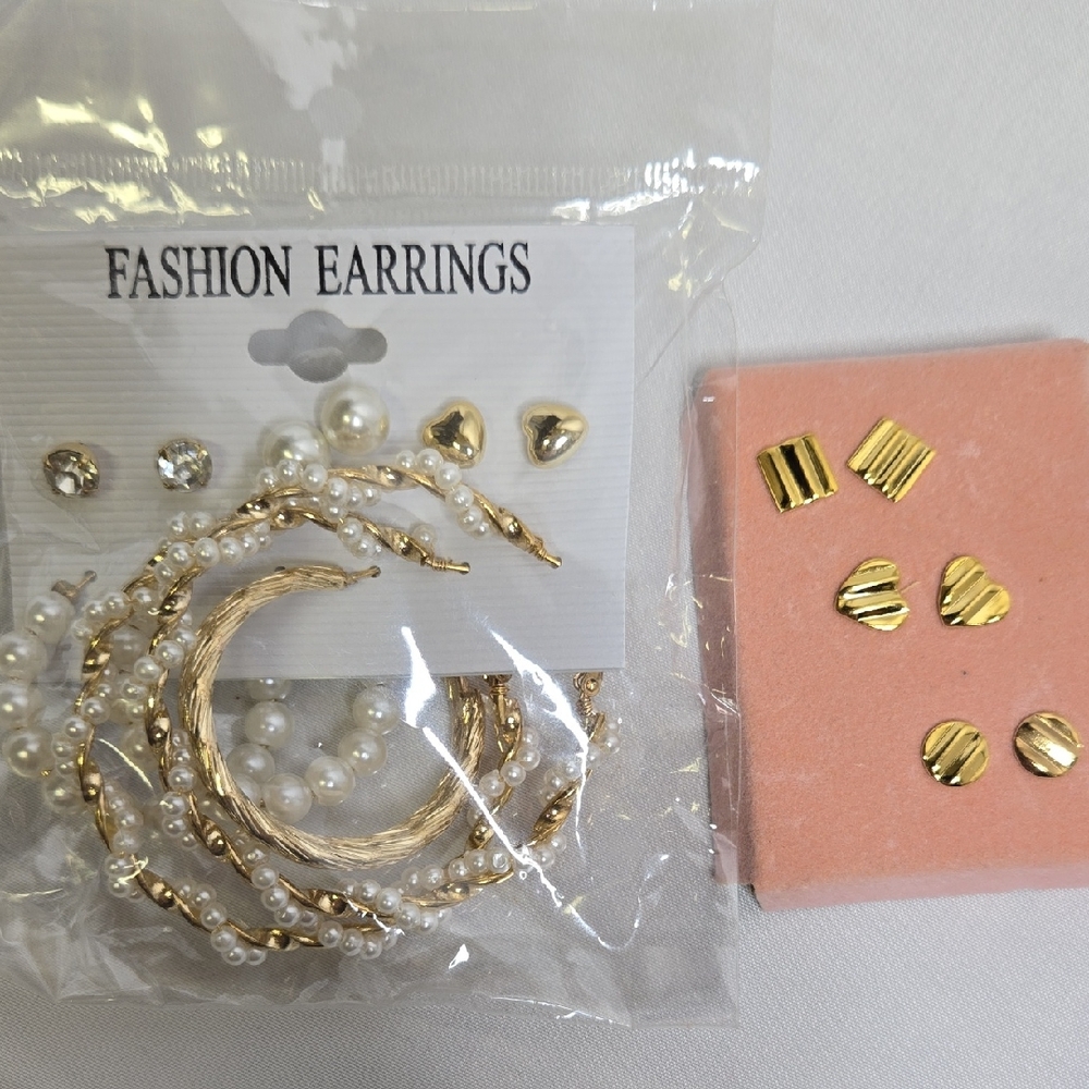 Gold and Pearl Fashion Earrings Set, Hoops and Studs, 9‎ Pairs